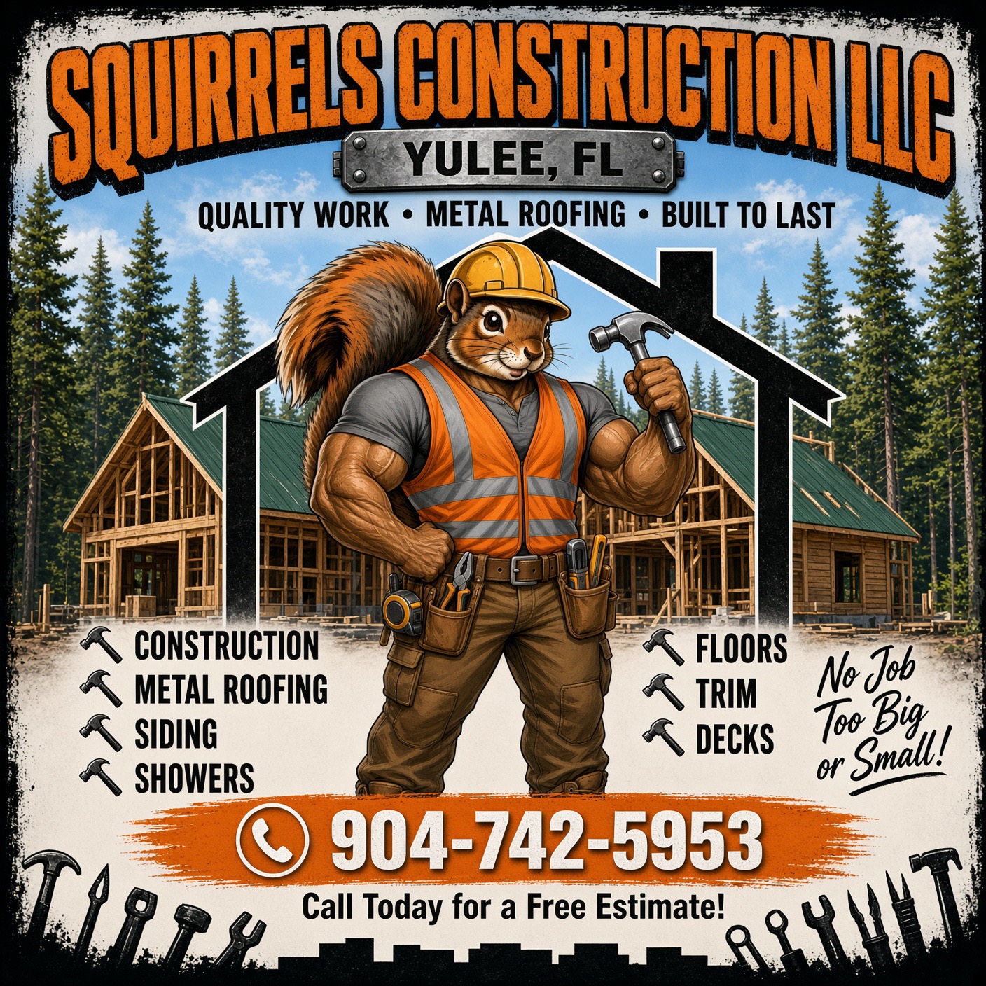 Squirrels Construction LLC flyer showing the squirrel mascot in front of a framed home with green metal roofing in Yulee, FL
