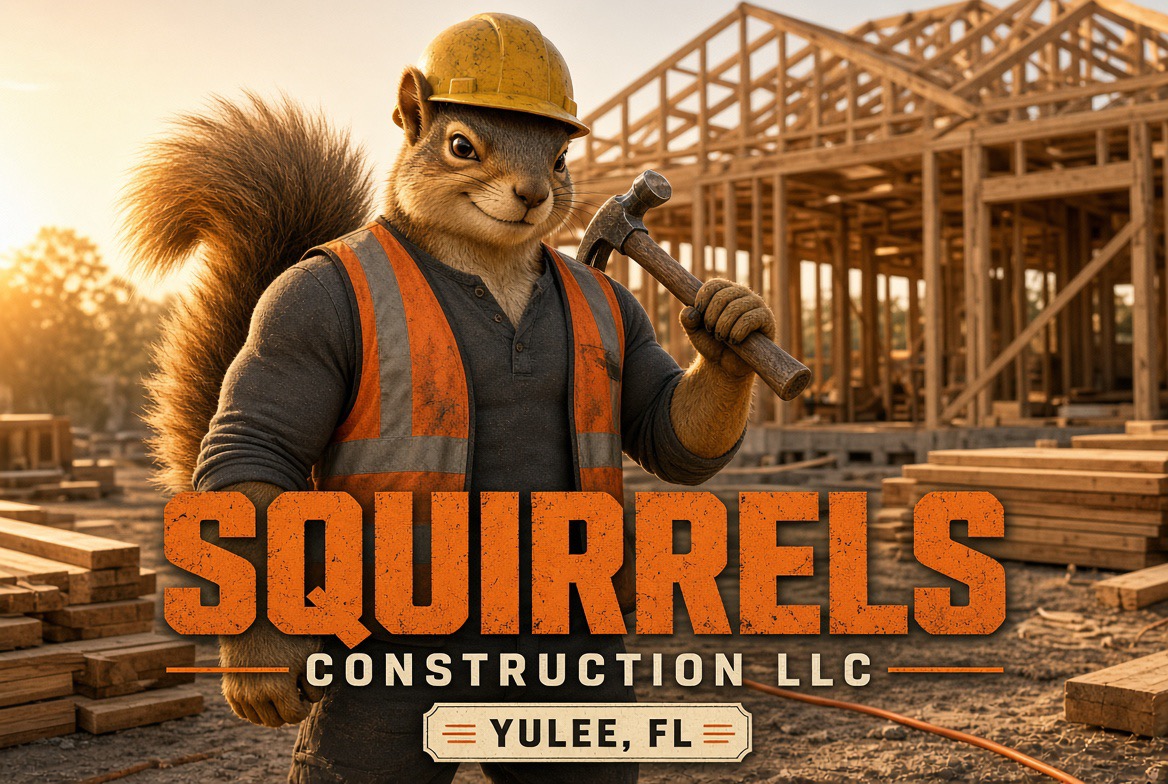 Squirrels Construction LLC banner — the squirrel mascot in a yellow hard hat and orange safety vest holding a hammer in front of a house frame under construction, with Yulee, FL below the company name